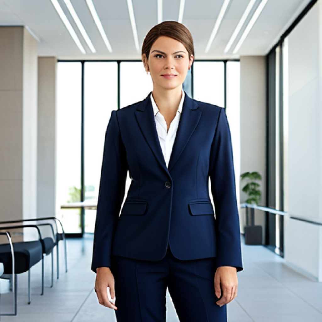 Business Professional**

"A confident businesswoman in a tailored, modest pantsuit, standing in a bright, modern office lobby, fully clothed, appropriate attire, safe for work, perfect anatomy, natural proportions, professional headshot, high quality"

**