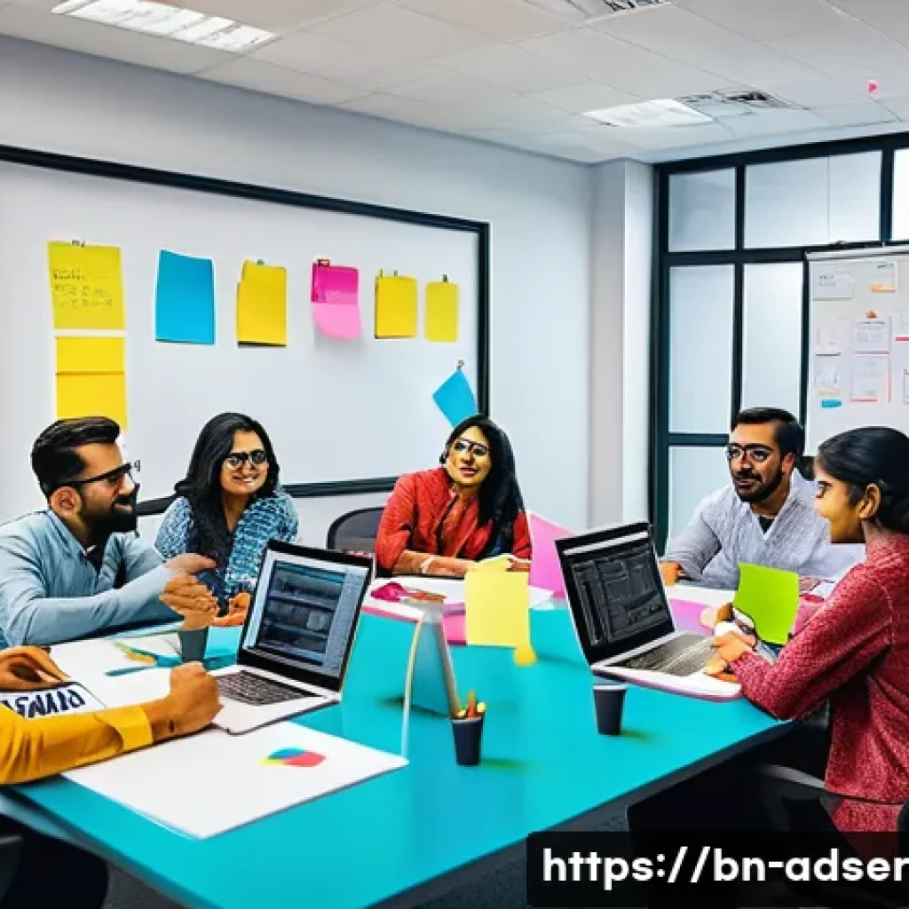 퍼포먼스 마케팅의 효과적인 팀 관리 - A vibrant office scene featuring a diverse Bengali marketing team engaged in a dynamic brainstorming...