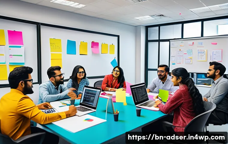 퍼포먼스 마케팅의 효과적인 팀 관리 - A vibrant office scene featuring a diverse Bengali marketing team engaged in a dynamic brainstorming...