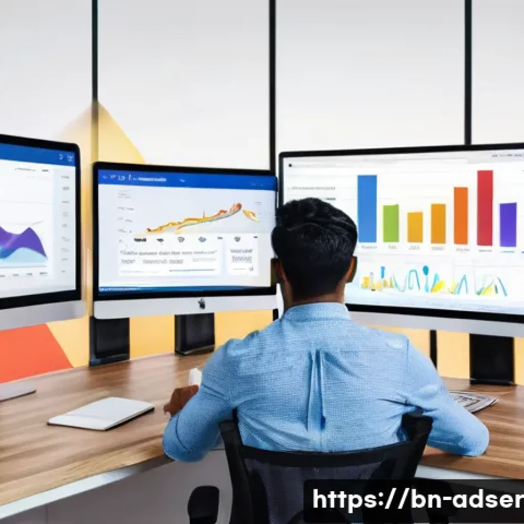 퍼포먼스 마케팅 성과 측정 도구 - An intricate digital workspace scene featuring a Bengali marketing analyst at a modern desk, multipl...