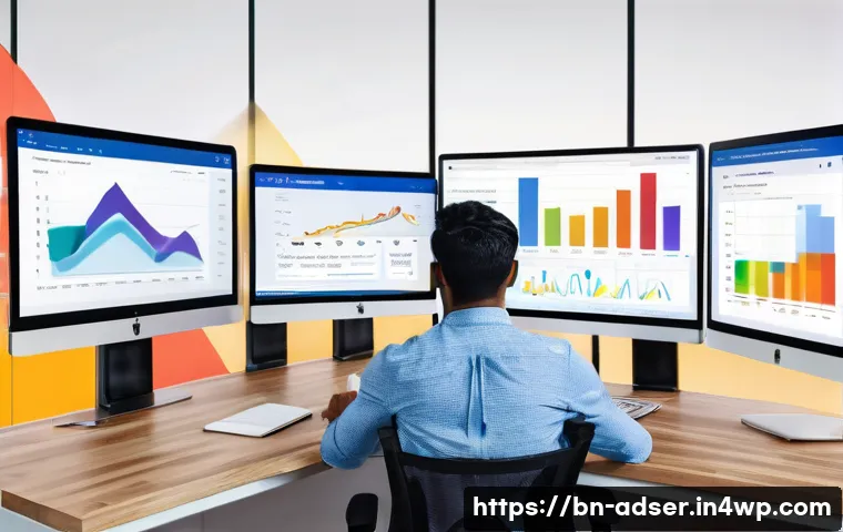 퍼포먼스 마케팅 성과 측정 도구 - An intricate digital workspace scene featuring a Bengali marketing analyst at a modern desk, multipl...