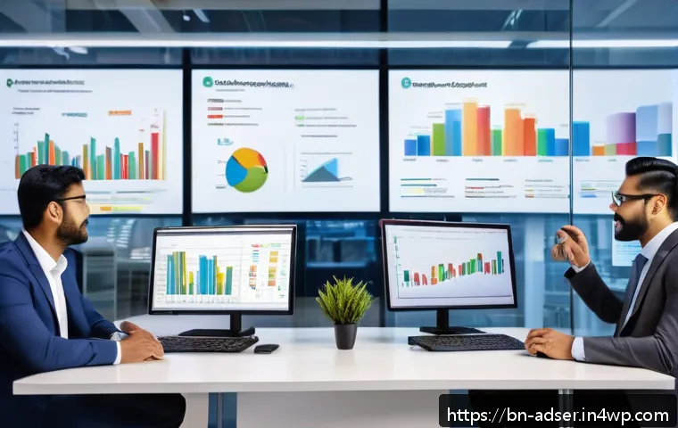 퍼포먼스 마케팅의 시장 조사 및 분석 기법 - A modern office scene showing a diverse group of Bengali business professionals analyzing big data o...