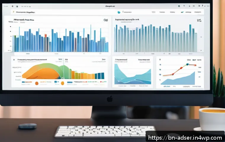 퍼포먼스 마케팅의 경쟁사 벤치마킹 방법 - A detailed digital marketing analytics dashboard scene showing real-time data streams, graphs, and c...