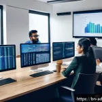 퍼포먼스 마케팅의 성장 가능성과 도전 과제 - A modern digital marketing office scene featuring a diverse Bengali marketing team analyzing data on...