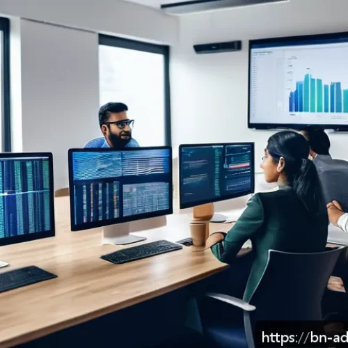 퍼포먼스 마케팅의 성장 가능성과 도전 과제 - A modern digital marketing office scene featuring a diverse Bengali marketing team analyzing data on...