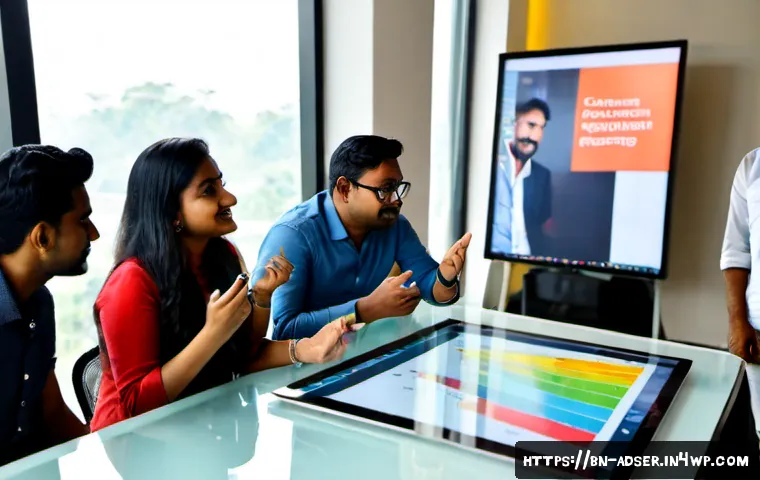 퍼포먼스 마케팅을 위한 커뮤니케이션 전략 - Photorealistic performance marketing strategy meeting in a modern Dhaka creative agency, diverse Ban...